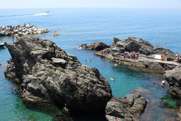 Jumping from the rocks into the sea.